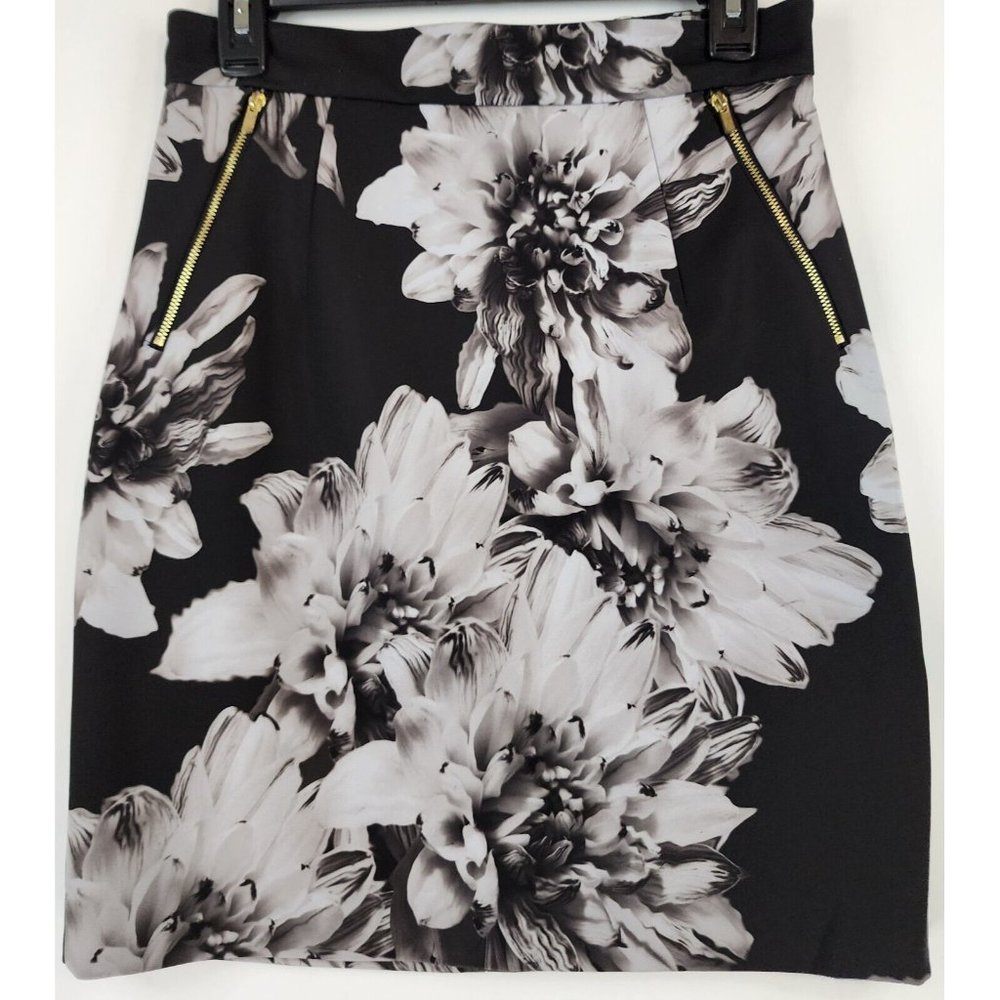 H & M Skirt Womens 8 Black Gray Floral Print Zipper Pockets Pencil Mini